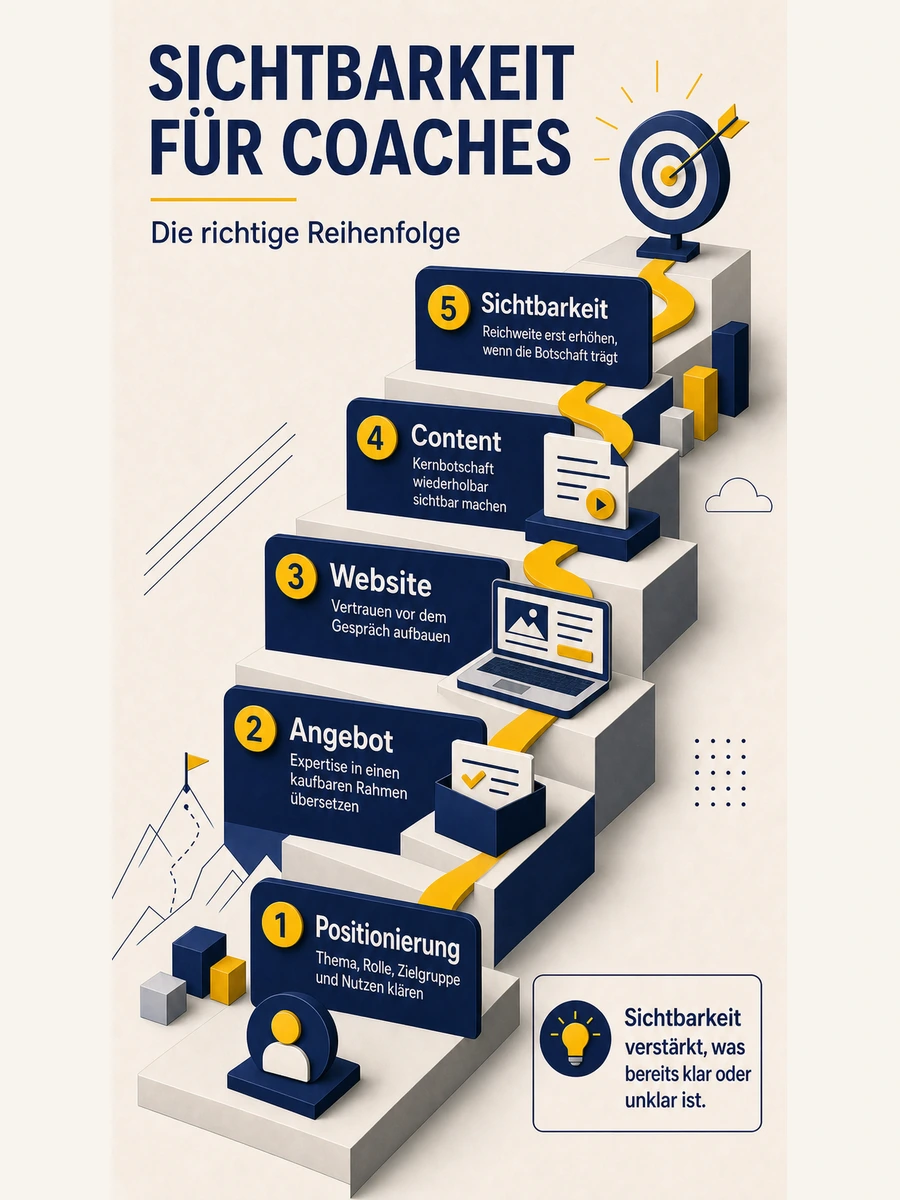 Infografik zur richtigen Reihenfolge für Sichtbarkeit als Coach: Positionierung, Angebot, Website, Content und Reichweite.