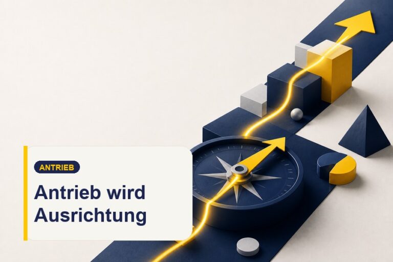 Titelbild zum Ratgeber Starker innerer Antrieb mit Scheinwerfer und der Aussage „Vom Warum zur Wirkung“.
