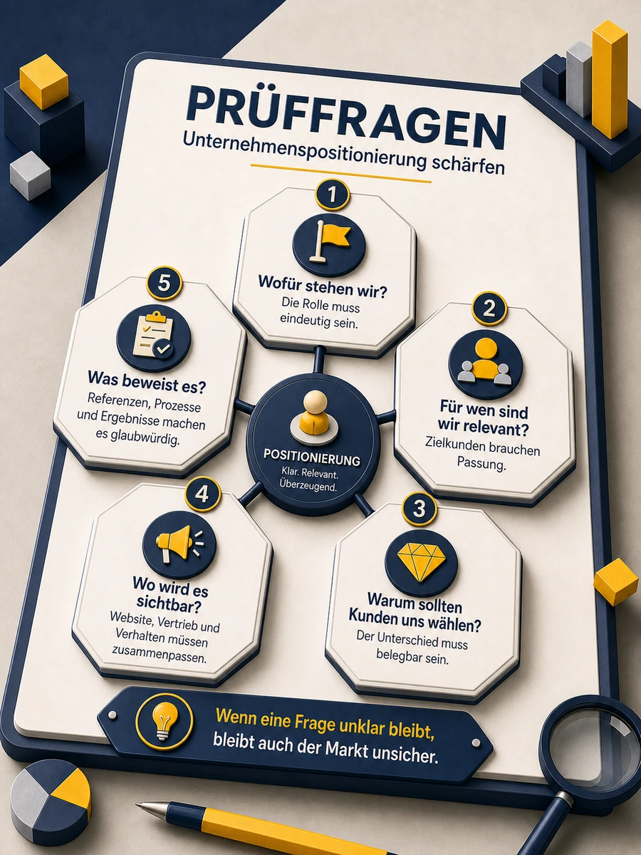 Infografik mit fünf Prüffragen für eine klare Unternehmenspositionierung zu Rolle, Zielkunden, Unterschied, Sichtbarkeit und Beweis.