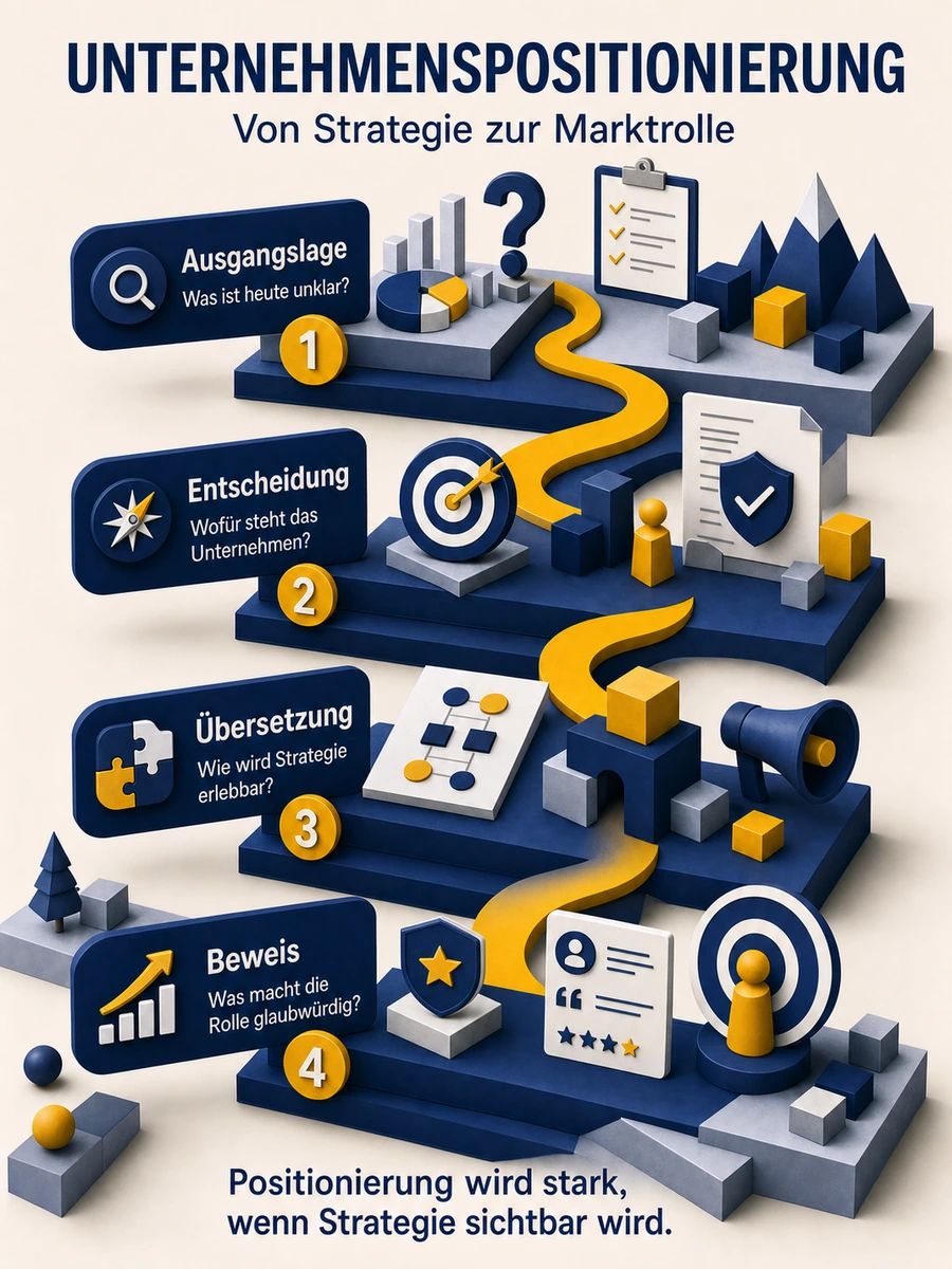 Infografik zur Unternehmenspositionierung von Ausgangslage über Entscheidung und Übersetzung bis zum glaubwürdigen Beweis.