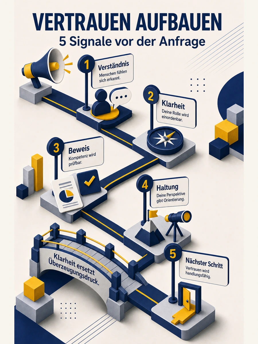 Infografik mit fünf Signalen zum Vertrauen aufbauen: Verständnis, Klarheit, Beweis, Haltung und nächster Schritt.