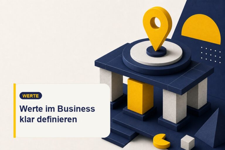 Titelbild zum Ratgeber „Werte im Business definieren“ mit Werte-Symbolen, Pfeil und Wachstumselementen als Hinweis auf klarere Positionierung.