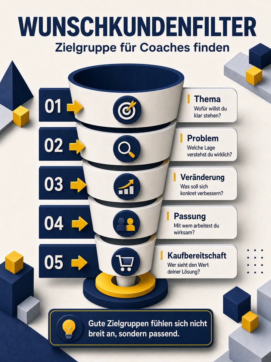 Infografik mit Wunschkundenfilter für Coaches aus Thema, Problem, Veränderung, Passung und Kaufbereitschaft.
