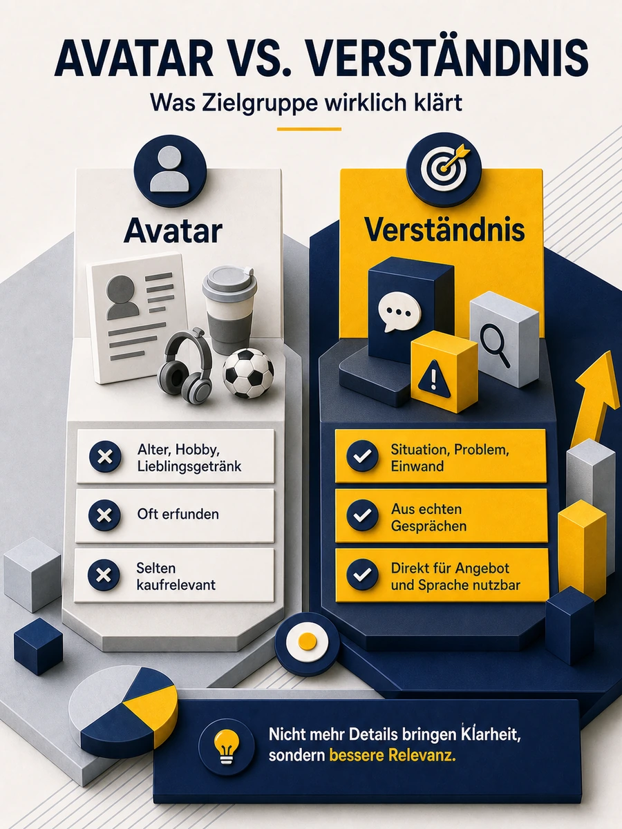 Infografik als Vergleich zwischen oberflächlichem Zielgruppenavatar und echtem Zielgruppenverständnis.