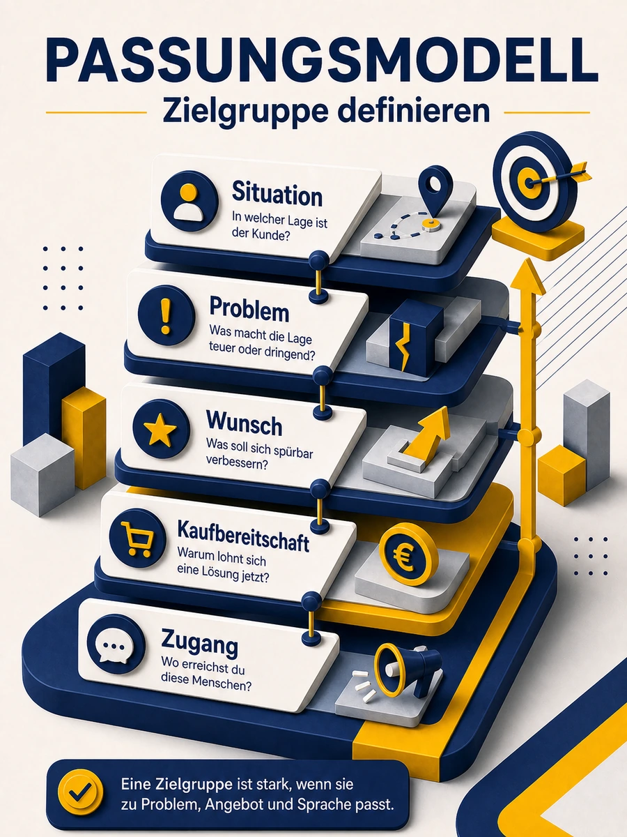 Infografik mit Passungsmodell zur Zielgruppendefinition über Situation, Problem, Wunsch, Kaufbereitschaft und Zugang.